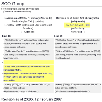 Wikipedia page showing material deleted by SCO IP address